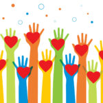 Hands of volunteers. Hands with heart in vector illustration. Charity, donation  and volunteer work.Caring, love, and a good hearted community support the poor, the homeless, the disabled, and the eld